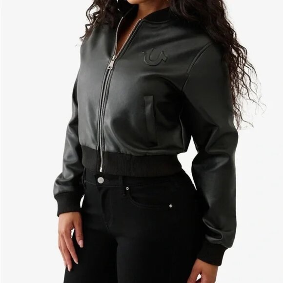 NWT True Religion Vegan Leather Cropped Bomber Jacket - Picture 3 of 14